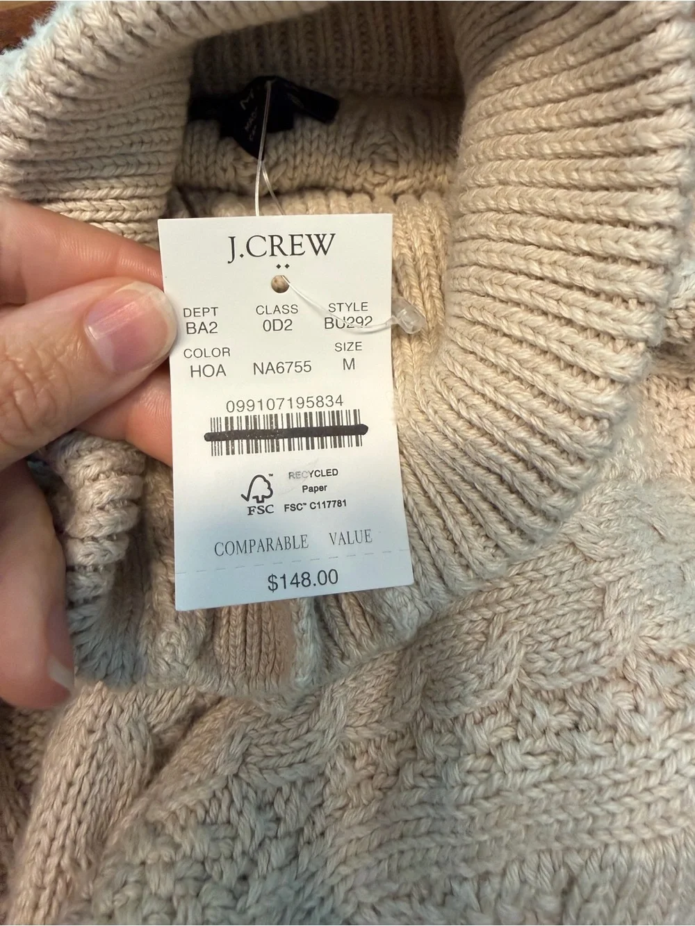 NEW J. Crew Cable-knit mockneck buttoned sweater hthr oatmeal BU292 $138 Medium